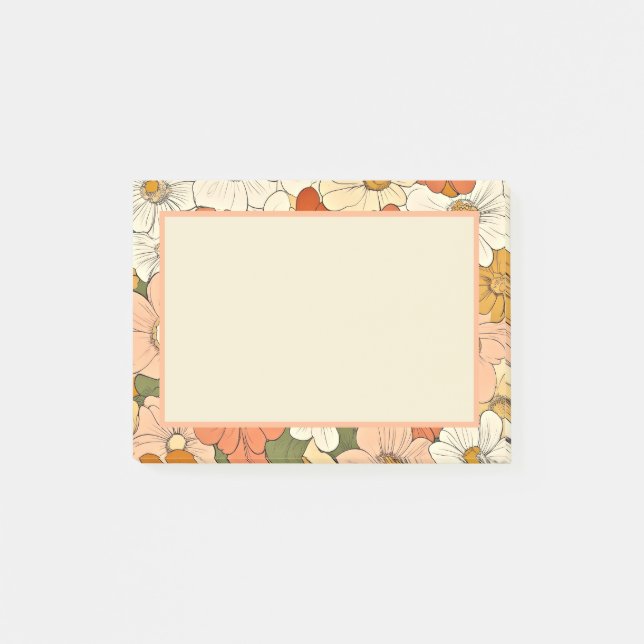 Retro Orange Groove Blommigt 4x3 Post-it Notes Block (Framsida)