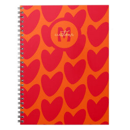 Retro Orange Groovy Red Hearts Namn over Monogram Anteckningsbok
