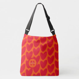 Retro Orange Groovy Red Hearts Namn over Monogram Axelväska