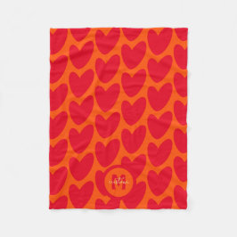 Retro Orange Groovy Red Hearts Namn over Monogram Fleecefilt