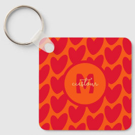 Retro Orange Groovy Red Hearts Namn over Monogram Nyckelring