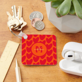 Retro Orange Groovy Red Hearts Namn over Monogram Nyckelring