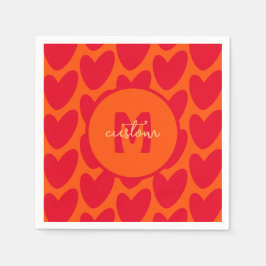 Retro Orange Groovy Red Hearts Namn over Monogram Pappersservett