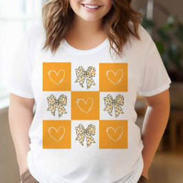 Retro Orange Gul Coquette Bow Hjärtat Rutigt T Shirt