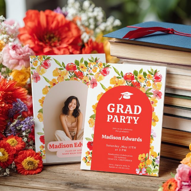 Retro Orange Gul Vildblomma Foto Examen Inbjudningar (Retro Orange Yellow Wildflower Photo Graduation Invitation)