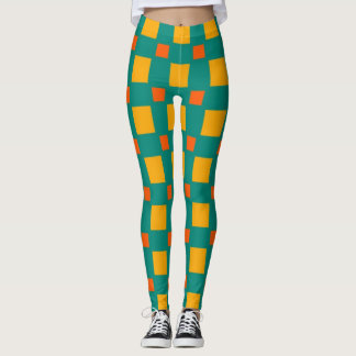 Retro Orange Gult Blue Squares Mönster Leggings