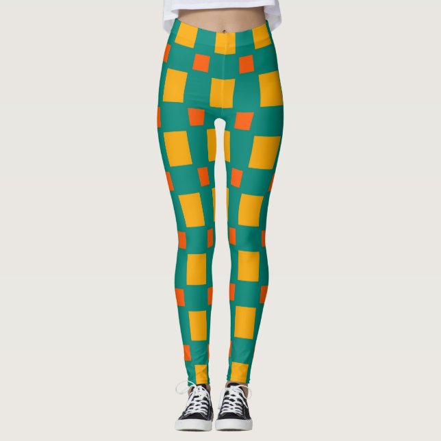 Retro Orange Gult Blue Squares Mönster Leggings (Framsida)