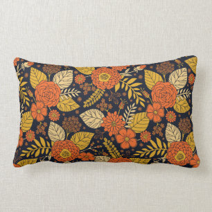 Retro-Orange, Gult och marin Blommigt Lumbarkudde