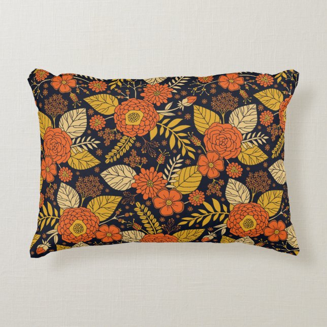Retro-Orange, Gult och marin Blommigt  Prydnadskudde (Framsidan)