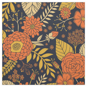 Retro-Orange, Gult och marin Blommigt Tyg