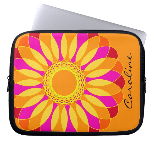 Retro orange- & gultblomma på orangen laptop sleeve (Framsidan)