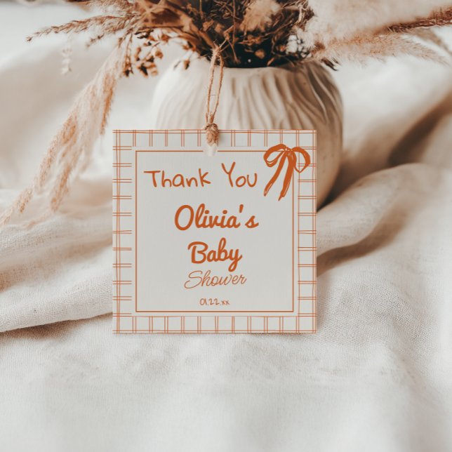 Retro Orange Hand plockade Gingham Bow Baby Shower Gåvor Etiketter (Skapare uppladdad)