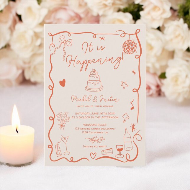 Retro Orange hand plockade illustrerade fotot bröl Inbjudningar (Retro Orange hand drawn illustrated photo wedding Invitation)