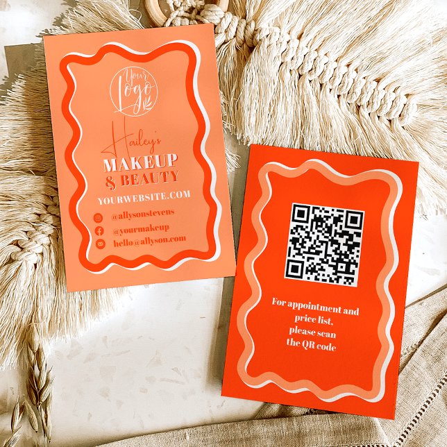 Retro-orange-kurva vågigt makeup-skönhet visitkort (Retro orange curve squiggle wavy makeup beauty business card)