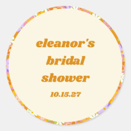 Retro Orange Lila Blommig Anpassad Bröllopsdusch Runt Klistermärke