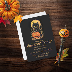 Retro Orange- och Black Cat Halloween-inbjudan Inbjudningar