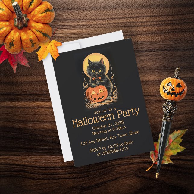 Retro Orange- och Black Cat Halloween-inbjudan Inbjudningar (Cute Cat Halloween Party Invitation)