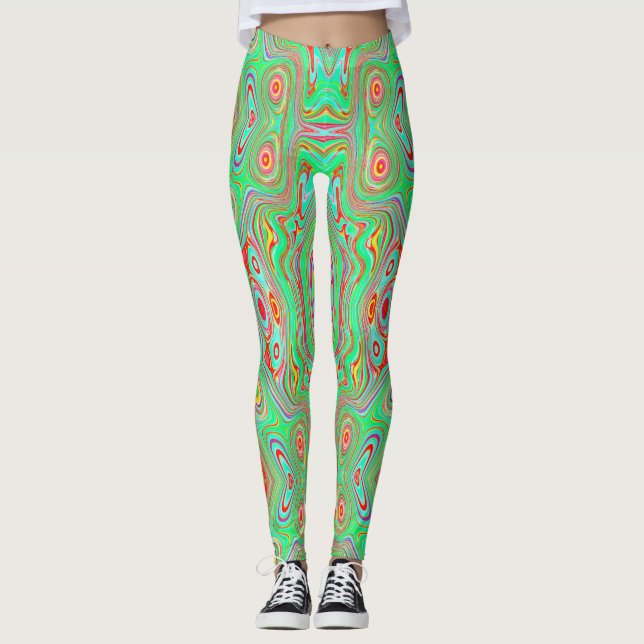 Retro orange och limegrön abstrakt mönster leggings (Framsida)