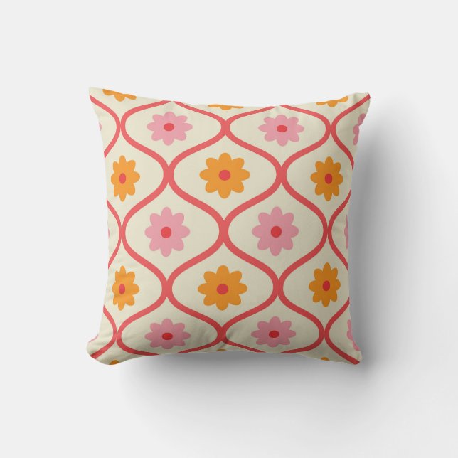 Retro orange och rosa blommor på Ogee-mönster  Kudde (Framsida)