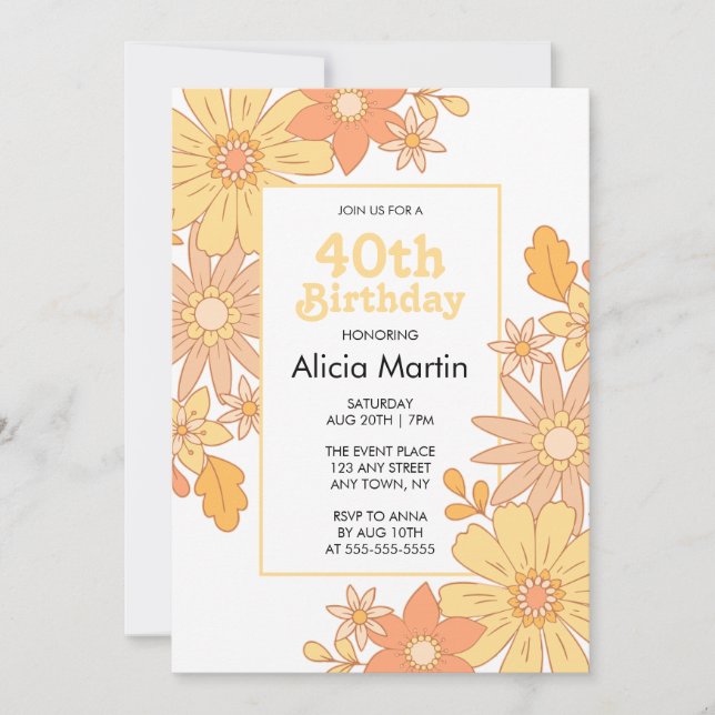 Retro Orange Peach Flora Groovy 40:e födelsedagen Inbjudningar (Framsida)