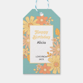 Retro Orange Peach Flora Groovy Birthday Presentetikett