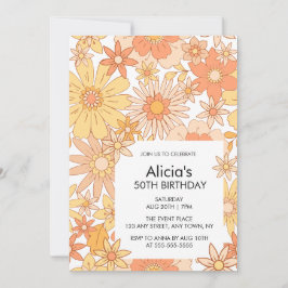 Retro Orange Peach Flora Mönster 50:e födelsedagen Inbjudningar
