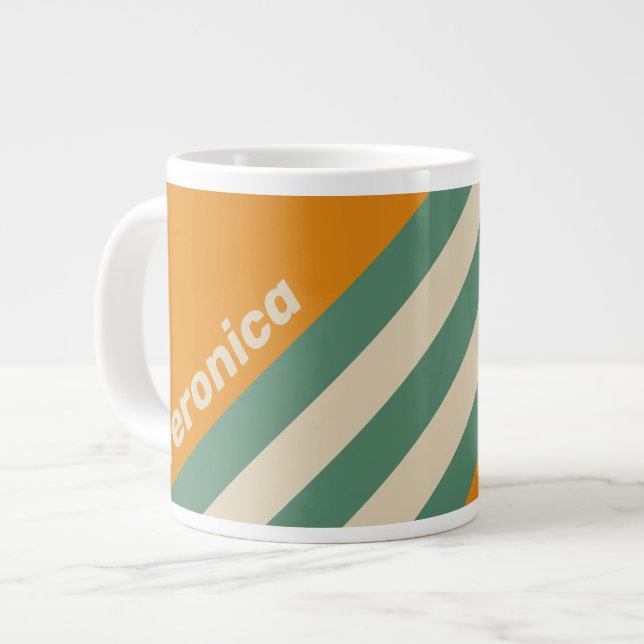 Retro Orange Ränder med Namn Jumbo Mugg (Framsida vänster)