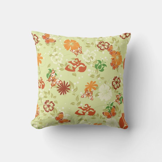 Retro Orange Red Butterflies Flowers Dekorativ kud Kudde (Framsida)