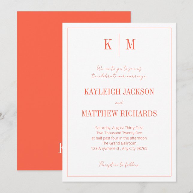 Retro orange röd monogram elegant bröllop  inbjudningar (Fram/baksida)