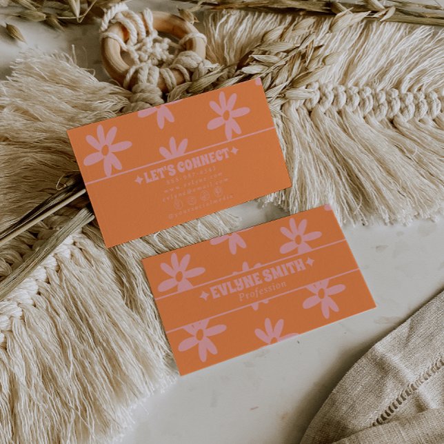 Retro Orange Rosa 70-tal Groovy Blommig Boho Flick Visitkort (Skapare uppladdad)