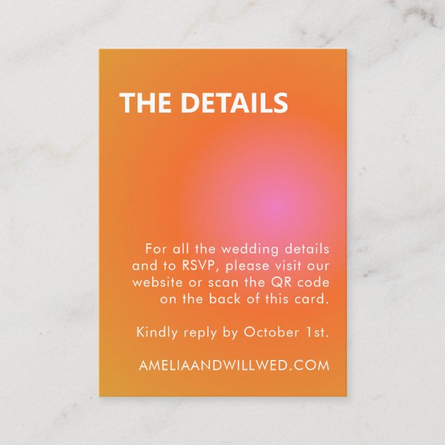 Retro Orange Rosa Gradient Bröllops QR-kod RSVP Tilläggskort (Framsida)