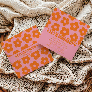 Retro Orange Rosa Groovy Blommig Trendig Rolig Boh Fyrkantigt Visitkort