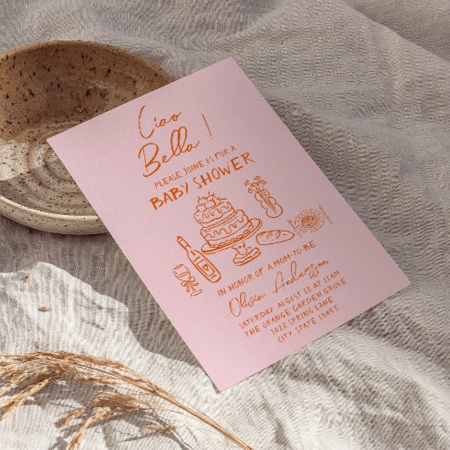 Retro Orange Rosa Hand plockade Italienska babysko Inbjudningar (Skapare uppladdad)