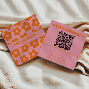 Retro Orange Rosa QR-kod Groovy Blommig Trendig Ku Fyrkantigt Visitkort