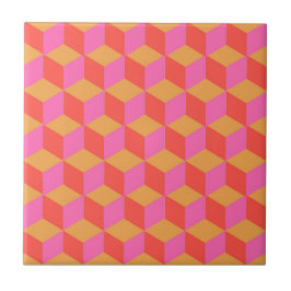 Retro Orange Rosa Square Cube Geometric Mönster Kakelplatta