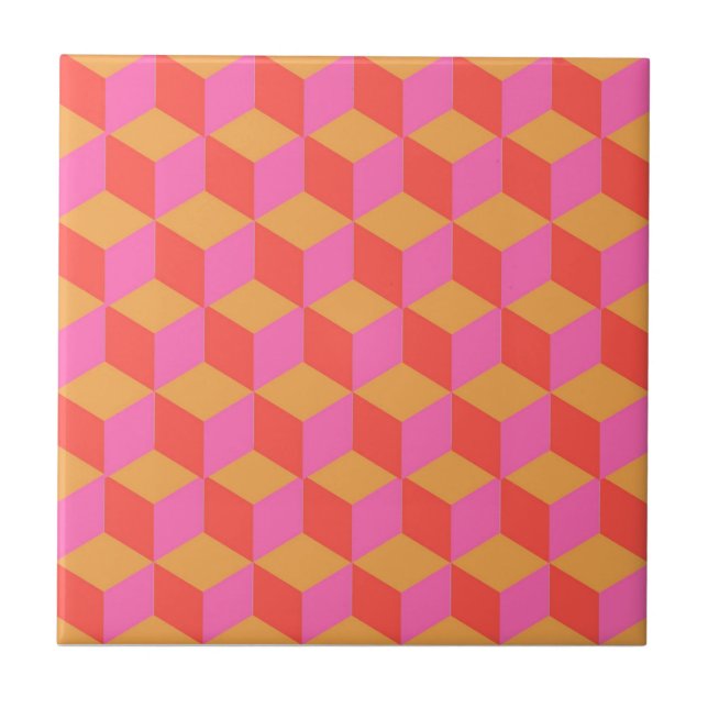Retro Orange Rosa Square Cube Geometric Mönster Kakelplatta (Framsidan)