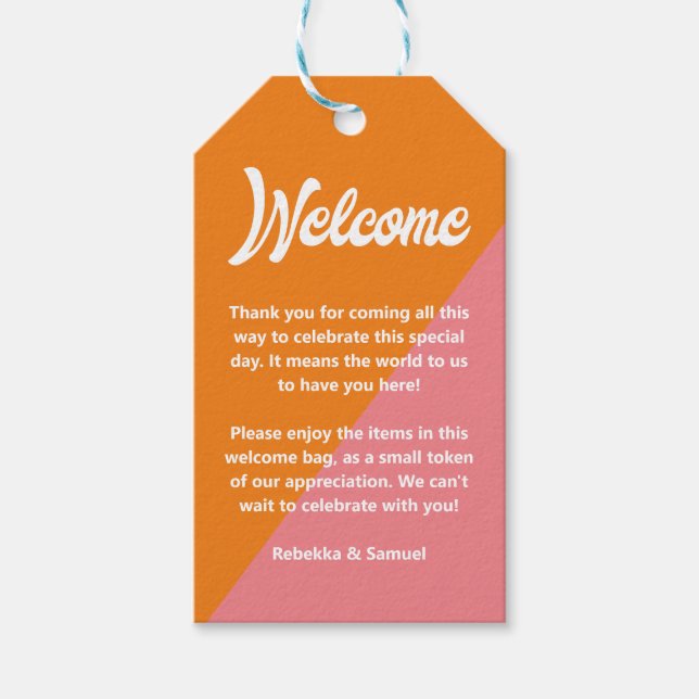 Retro Orange Rosa Välkommen Gift Basket Bag Bröllo Presentetikett (Framsidan)