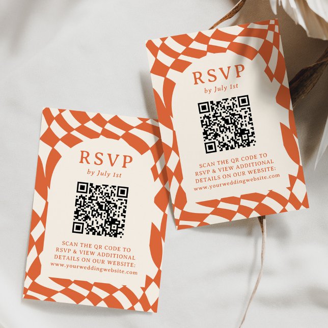 Retro Orange Rutig QR-kod Bröllop OSA Kort (Skapare uppladdad)