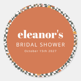 Retro Orange Rutig Svamp Bröllopsdusch Runt Klistermärke