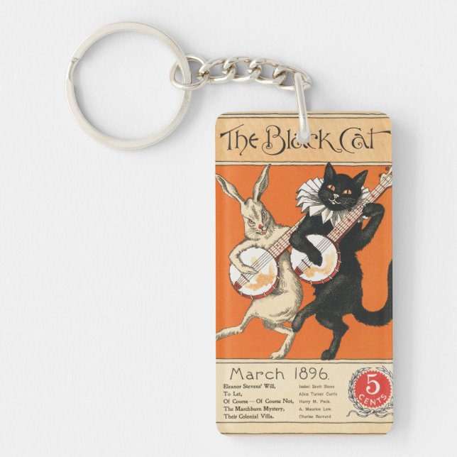 Retro Orange Svart Katt Vit Kanin Banjo Konst (Framsidan)