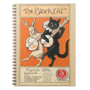 Retro Orange Svart Katt Vit Kanin Banjo Konst Anteckningsbok