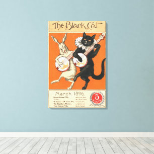 Retro Orange Svart Katt Vit Kanin Banjo Konst Canvastryck