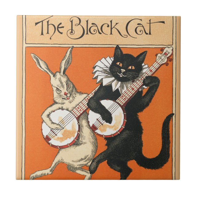 Retro Orange Svart Katt Vit Kanin Banjo Konst Kakelplatta (Framsidan)