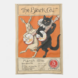Retro Orange Svart Katt Vit Kanin Banjo Konst Kökshandduk
