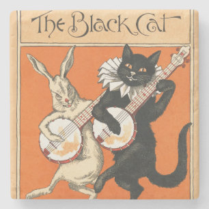 Retro Orange Svart Katt Vit Kanin Banjo Konst Stenunderlägg