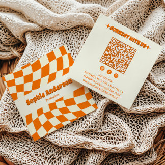Retro Orange Vågigt Schackbräde med QR-kod  Fyrkantigt Visitkort