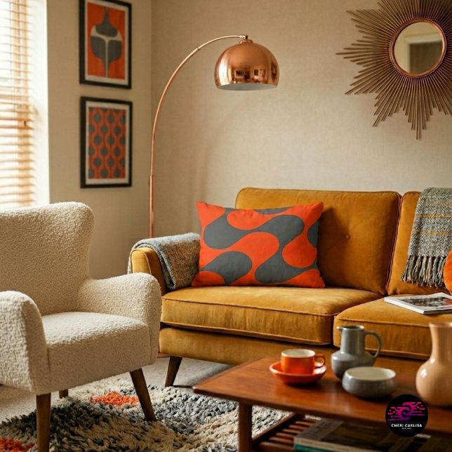 Retro orange vågmönster prydnadskudde (Your sofa just found its personality.)