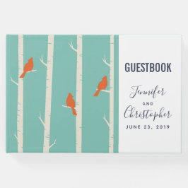 Retro orangefåglar på björkträd illustration gästböcker