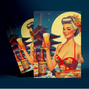 Retro Oriental Beer Girl Vykort