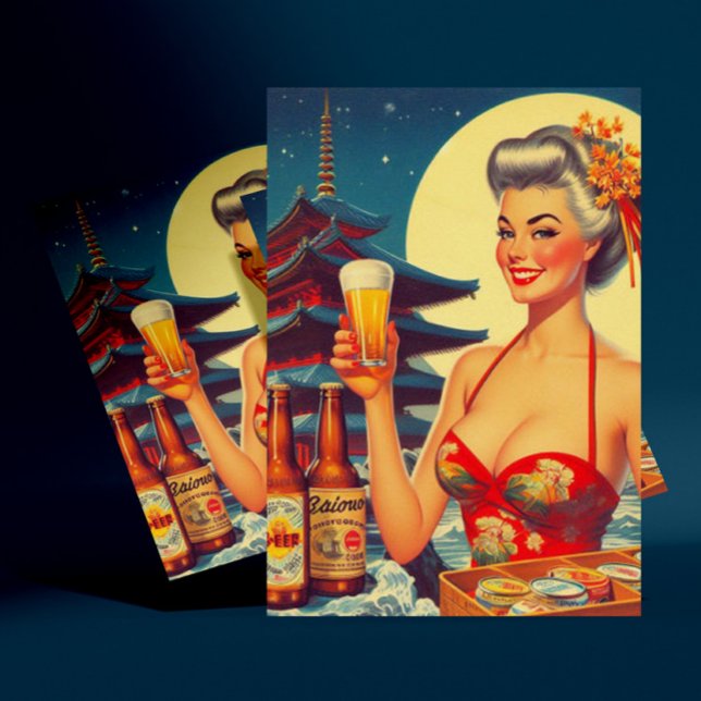 Retro Oriental Beer Girl Vykort (Skapare uppladdad)